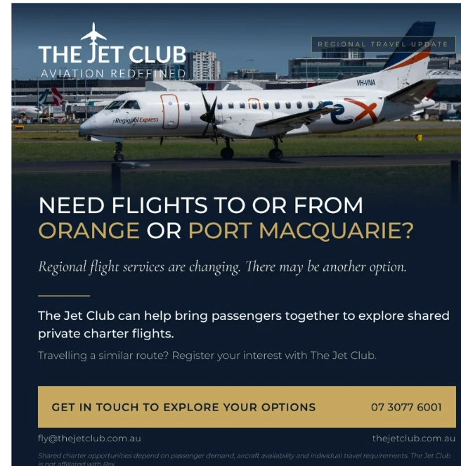 The Jet Club regional travel update: shared private charter options to or from Orange and Port Macquarie