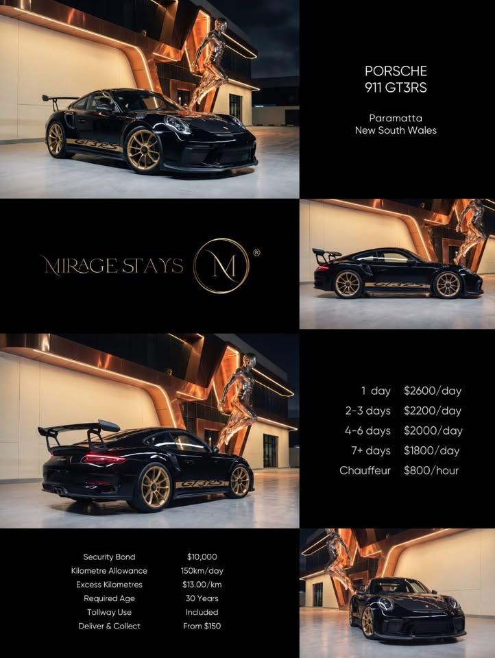 Black Porsche 911 GT3 RS with gold wheels available for hire in Sydney